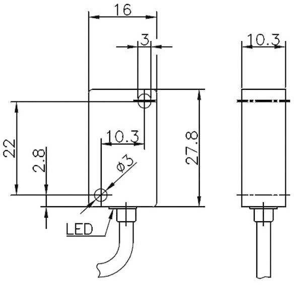Technical drawing of a rectangular sensor with dimensions: height 22 mm, width 16 mm, depth 27.8 mm; includes an LED.