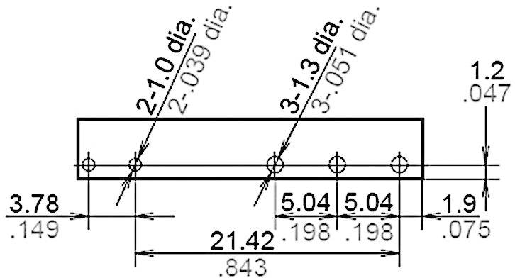 Technical drawing of a rectangular component with five drill holes and dimensional specifications in inches, detailed spacings and diameters.