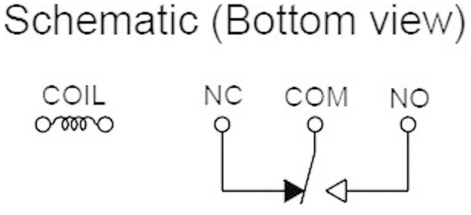 Diagram of the underside view of a relay with labels: 'Coil' for coil, 'NC' for normally closed contact, 'COM' for common connection, 'NO' for normally open contact.