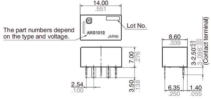 Technical drawing of a rectangular electronic component with pins. Dimensions and labels such as 'Lot No.' and 'JAPAN' are indicated.