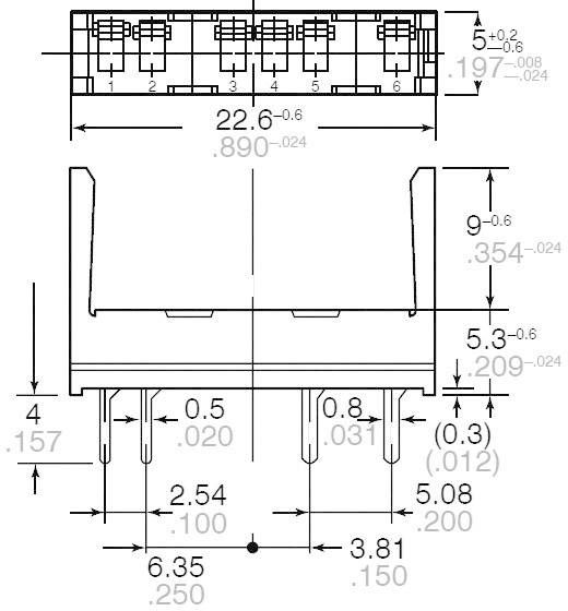 Technical drawing of an electronic component with detailed measurements in millimetres. Rectangular shape with multiple connection pins.