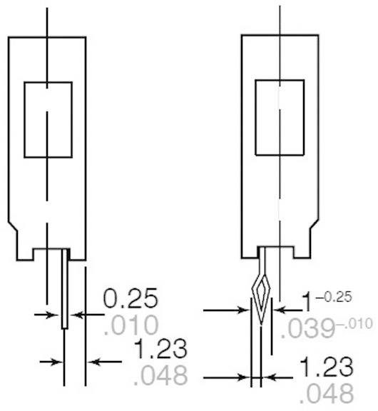 Technical drawing of two pin contacts with dimensional specifications: Left, round pin with a diameter of 0.25 mm, right, sheet metal pin 1.23 mm.