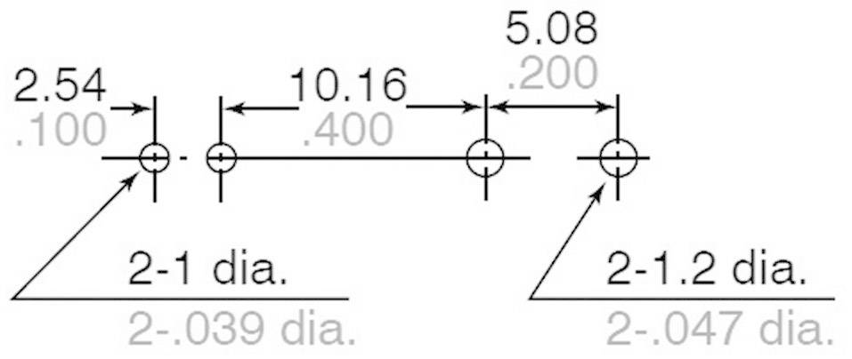Technical drawing with hole dimensions in inches and millimetres. Three holes with different diameters and spacings.
