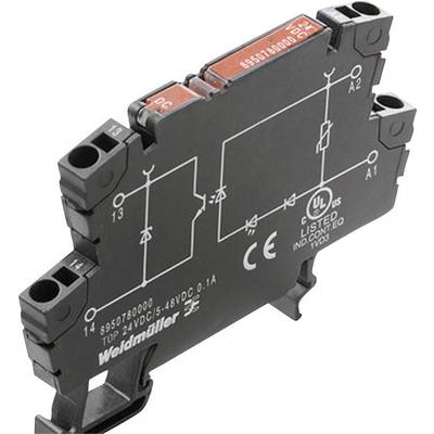 A black electronic component by Weidmüller with white circuit symbols and connection terminals, used for control purposes.