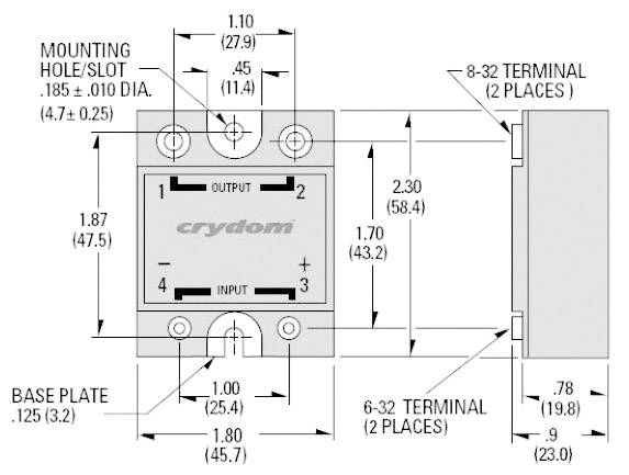 Figure of a solid-state relay with dimensions and connections. Marked dimensions for mounting and connections in inches and millimetres.