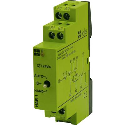 Green Electric Relay Module 'HAR 1' with Auto/Manual Switch and Technical Specifications for 24V Input and Output.
