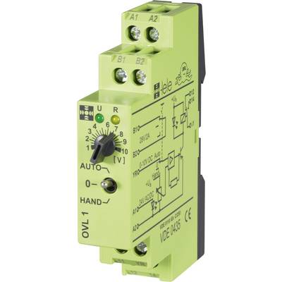 Green relay with screw terminals, scale from 0 to 10, 'AUTO/MANUAL' switch, circuit diagram and VDE 0435 certification printed.