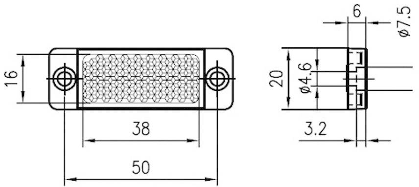 Technical drawing of a rectangular metal part with dimensions: length 50 mm, width 16 mm, various hole sizes specified.