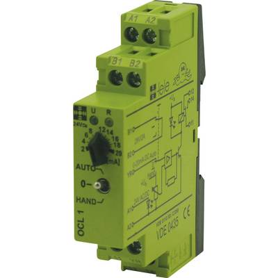 A green electrical component with connections and printed markings, used in electrical circuits to control electrical signals.