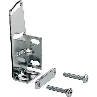 A metal angle bracket with two screws and a mounting plate, used for sturdy furniture assembly or shelf fixing.