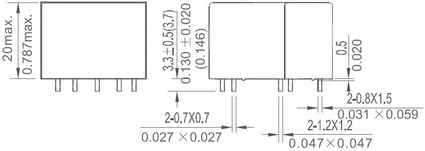 Technical drawing of an electronic component with dimensions: height 20 mm, width 3.3 mm, various pin spacings and sizes indicated.