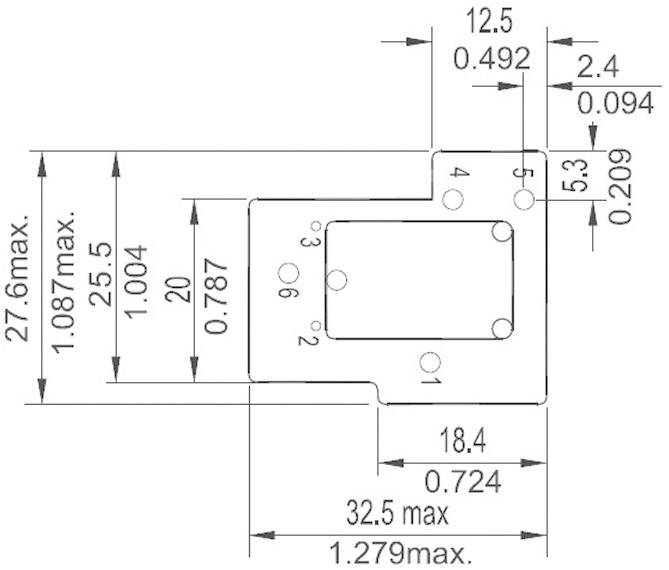 Technical drawing of a component with various dimensions in millimetres and inches, showing precise measurements and positions.