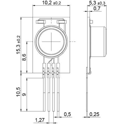 Technical drawing of an electronic component with dimensions: width 10.2 mm, height 15.3 mm, depth 5.3 mm. Shows top view and side view.