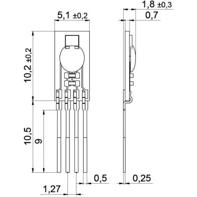 Technical drawing of an electronic component with dimensions: length 10.2 mm, width 5.1 mm, height 1.8 mm; four pins at the bottom.