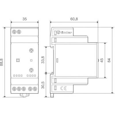 Technical drawing of an electrical relay with dimensions: width 35 mm, height 88.8 mm, depth 60.8 mm. Side and front view.