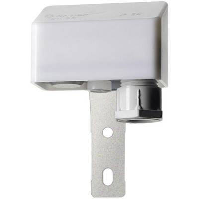 A white electrical component with a metal mounting bracket and cable connection. It functions as a sensor or switch for controlling electrical devices.