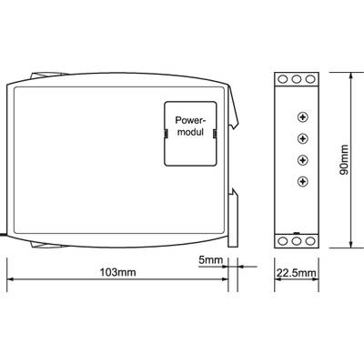 Technical drawing of a power module with dimensions: 103 mm length, 90 mm height, 22.5 mm width. Various views depicted.