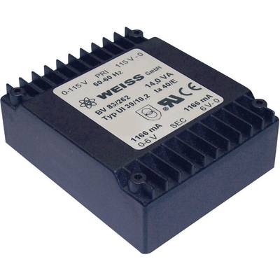 Black transformer with details: 'WEISS Ltd, 115 V, 50/60 Hz, 14.0 VA, CE mark'.