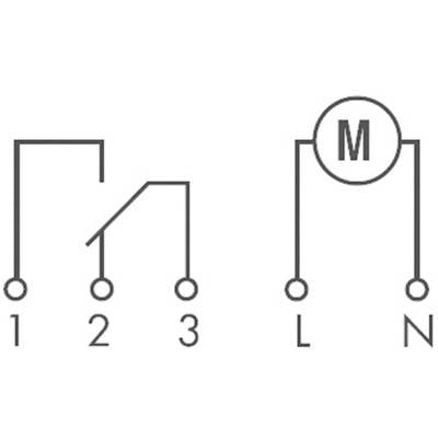 Circuit diagram shows two switches: on the left, switches 1 (closed) and 2 (open) connected to point 3; on the right, motor 'M' connected to L and N.