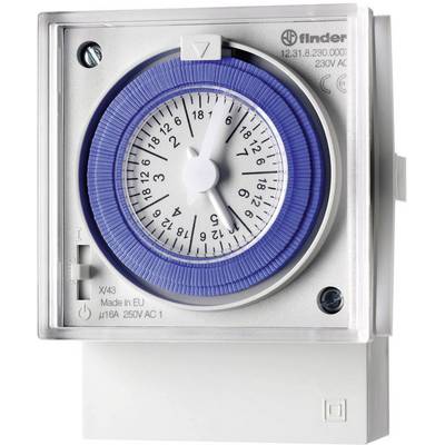 Mechanical timer with a blue, rotatable ring and 24-hour scale. Set for a specific time interval.
