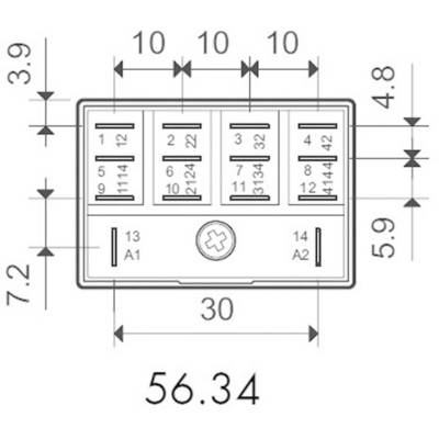 Technical drawing of a rectangular component with labels and dimensions in millimetres; shows specific dimensions and layout of the components.