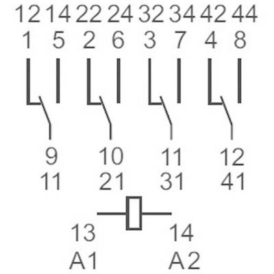 Circuit diagram with numbers and letters. Connections lead from upper numbers (12 to 44) to lower numbers (9 to 41) and A1, A2.
