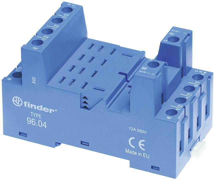 A blue electric relay with inscriptions 'finder TYPE 96.04' and '12A 250V'. It shows connections and is manufactured in the EU.