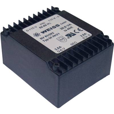 A black transformer with a label displaying technical specifications such as voltage, power rating, and manufacturer details.