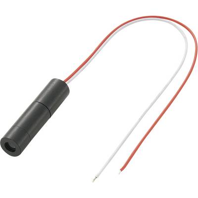 A cylindrical, black laser diode module with two protruding cables, one red, the other white.
