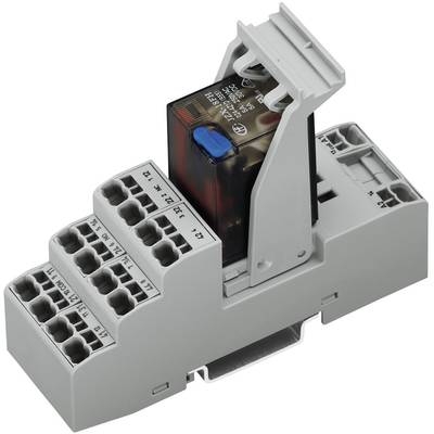 Image of an electronic relay module with multiple terminal blocks mounted on a DIN rail.