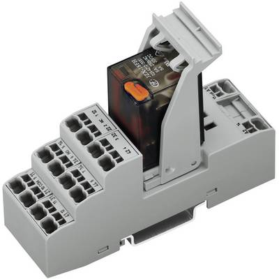 Grey-white relay module with an orange element, mounted on a standardised DIN rail, showing electrical connection terminals.