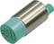 A cylindrical proximity sensor with a metallic housing and green plastic end, suitable for position or motion monitoring.