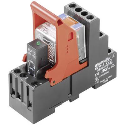 'Weidmüller Relay Module SCRM 1800, 6A, 24V DC' in a black housing with an orange mounting bracket, suitable for industrial applications.