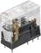 A transparent relay with metal contacts and a black base. It is designed for electrical switching operations.