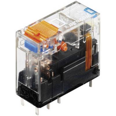 A transparent relay with coloured elements, visible electrical components, and metal pins, for electronic circuitry.
