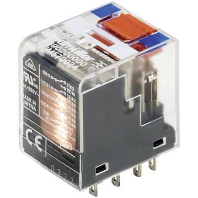 A transparent relay with metal elements and coloured markings that enables electrical connections for circuit boards.