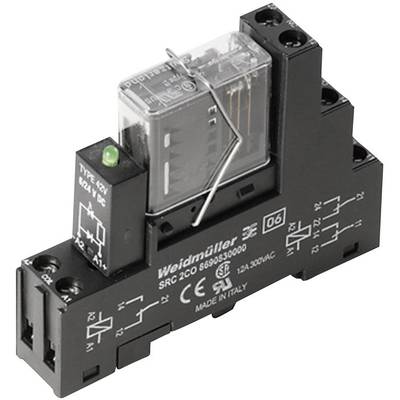 Relay module with labelling 'Weidmüller SRC 2CO' and technical symbols, suitable for electrical connections and circuits.