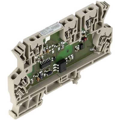 Electronic circuit mounted on a DIN rail, with visible resistors, capacitors, and an integrated circuit chip.
