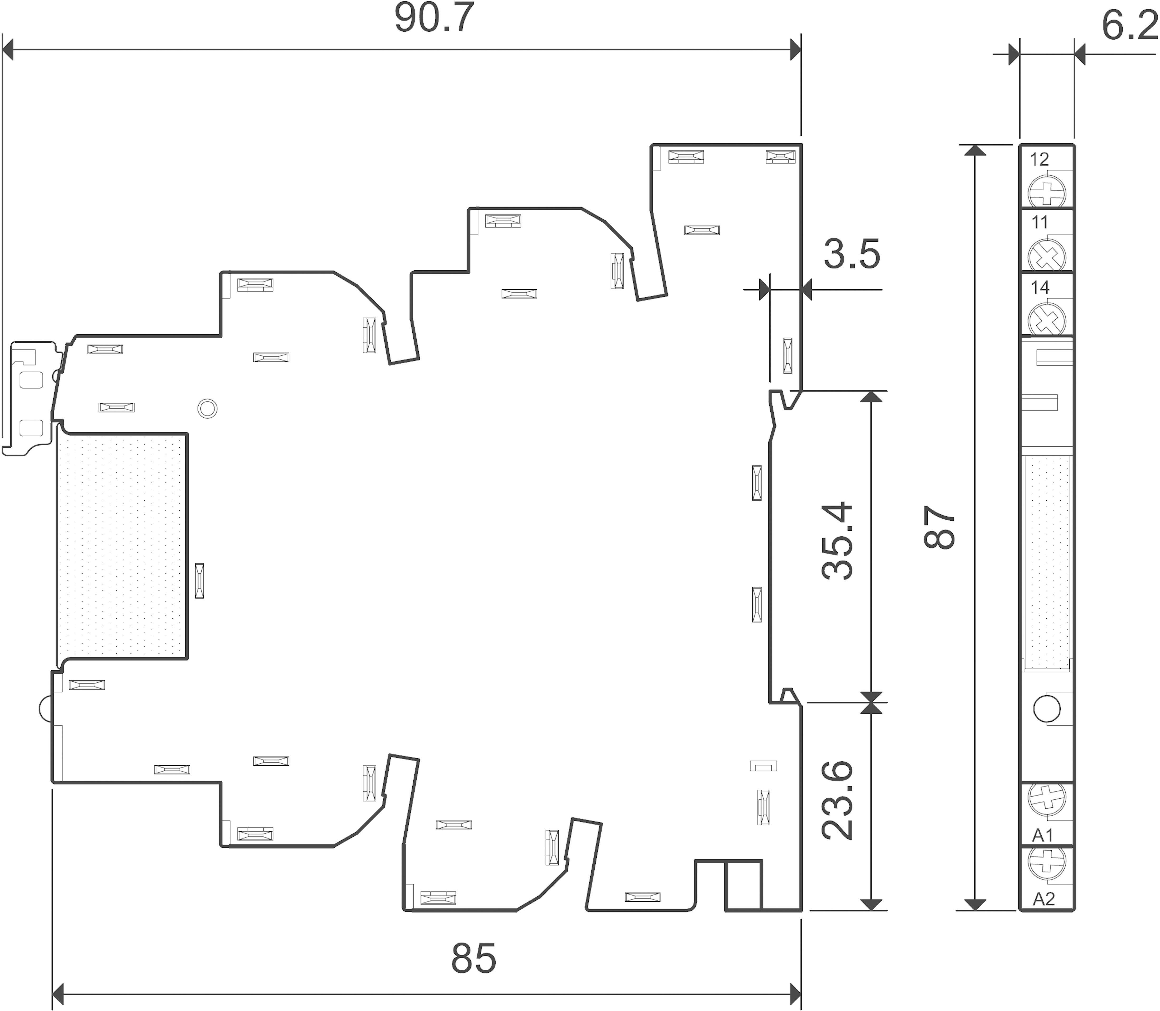 Technical drawing of a rectangular component with dimensions. Side view shows height 87 and width 6.2. Front view shows 90.7 x 85.