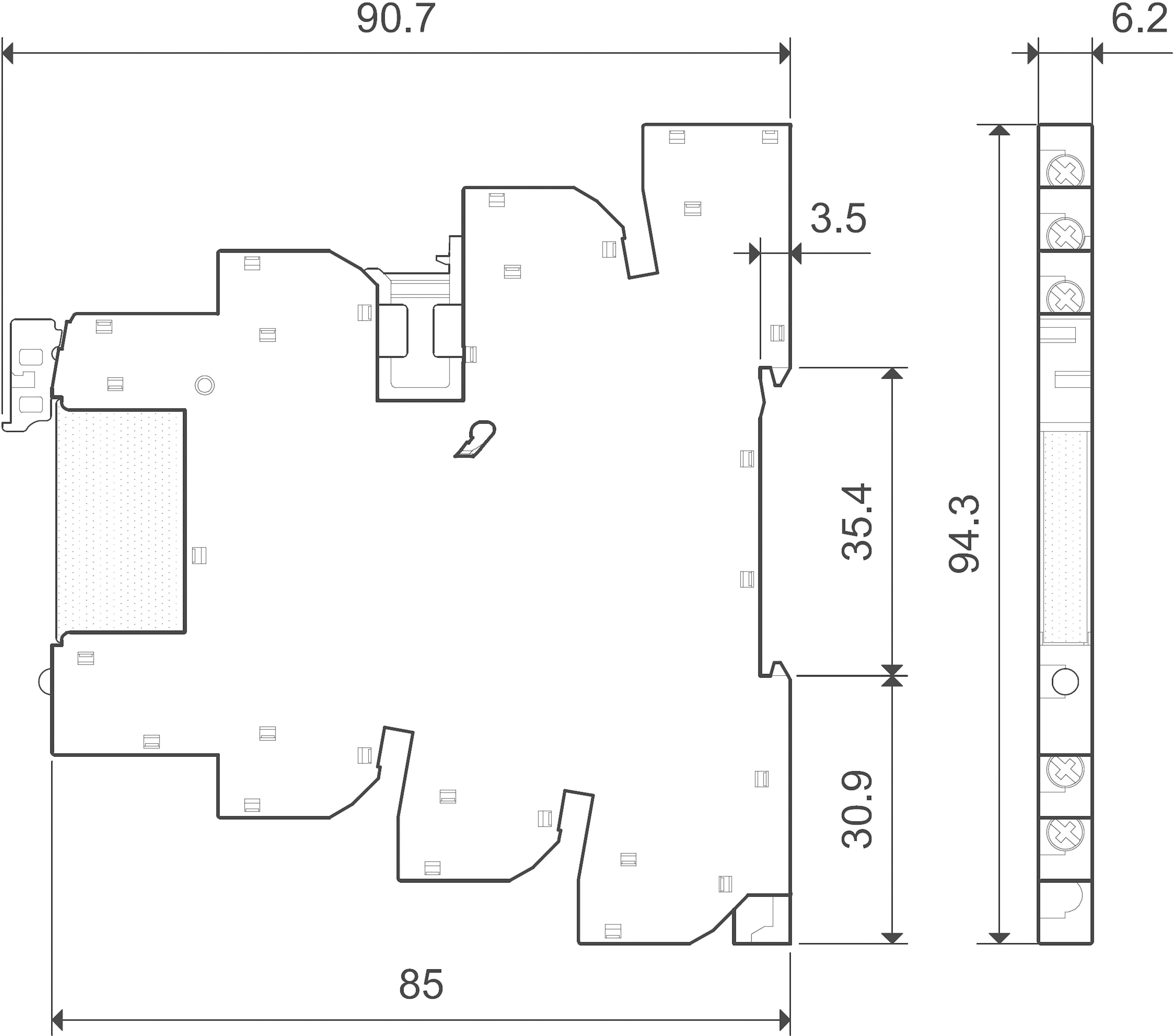 Floor plan of a building with dimensions: width 90.7 and 85, height 94.3. Contains rooms, doors, and wall thicknesses as a technical drawing.