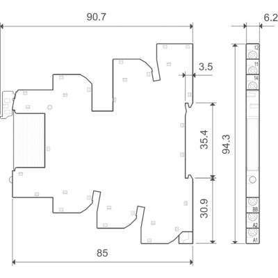 Floor plan of a building with dimensions in metres. Main area on the left: 90.7 m x 85 m. On the right: Narrow section, 6.2 m wide.