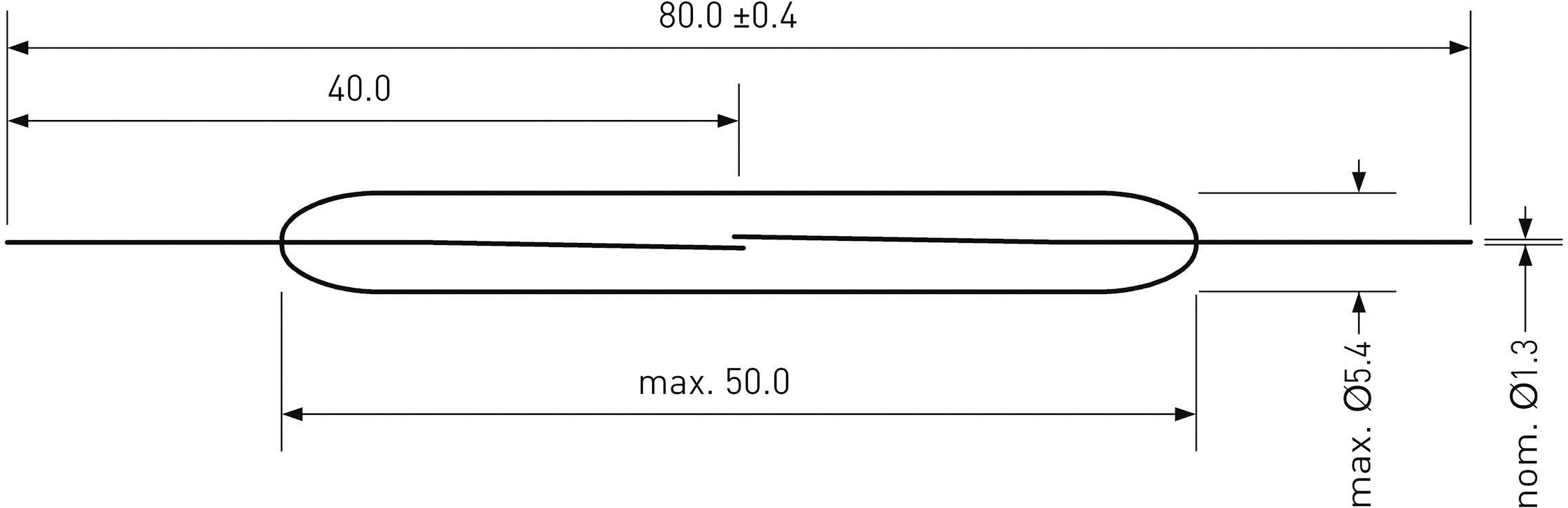 Technical drawing of a wire component with dimensions: Total length 80, loop width 40, maximum height 5.4, diameter 1.3.