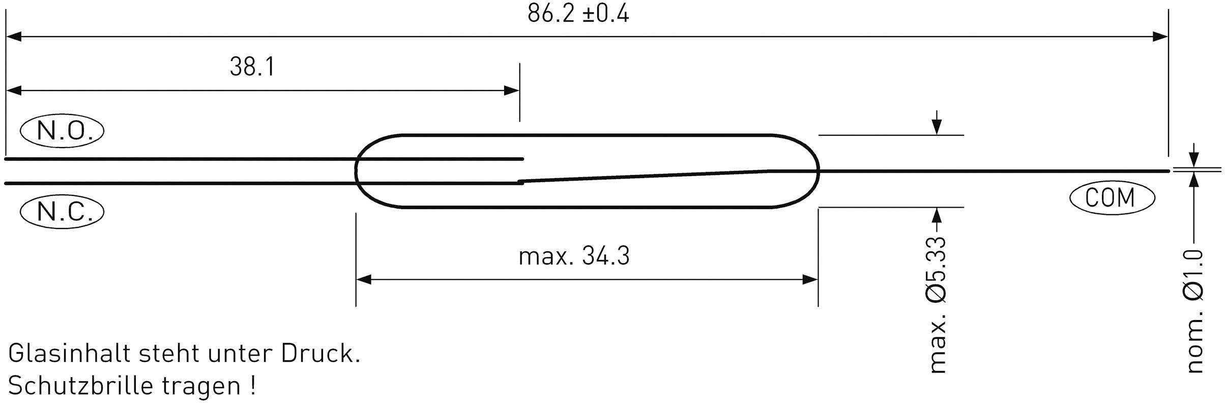 Wire contact with dimensions: 86.2 mm length, max. 5.33 mm diameter. Note: 'Glass contents under pressure. Wear safety glasses!'
