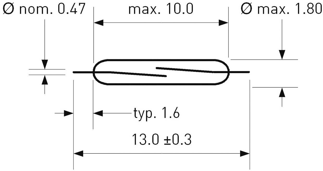 Dimensional drawing of a cylindrical object with the following dimensions: diameter 1.80 mm, length 10.0 mm, nominal value 0.47 mm.