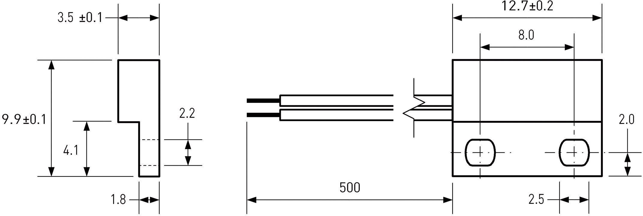 Technical drawing of a rectangular sensor with dimensions and cable connections, showing side and top view with dimensional specifications.
