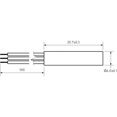 Line drawing of a rectangular connector with dimensions: length 25.7 mm ±0.3 mm, overall length 500 mm, diameter 6.0 mm ±0.1 mm.