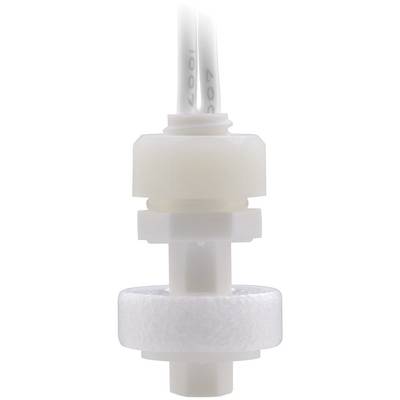 A white plastic float switch for measuring liquid levels. Two white cables emerge from the top.