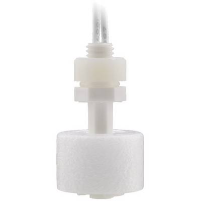A white, cylindrical float switch with cable, for monitoring liquid levels in containers.