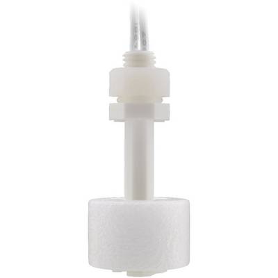 White float switch for monitoring liquid levels, comprising a plastic body with a buoyant cylinder.