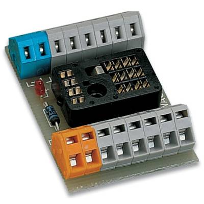 An electronic circuit with connector plugs in various colours on a circuit board. The main components are grey, blue and orange.